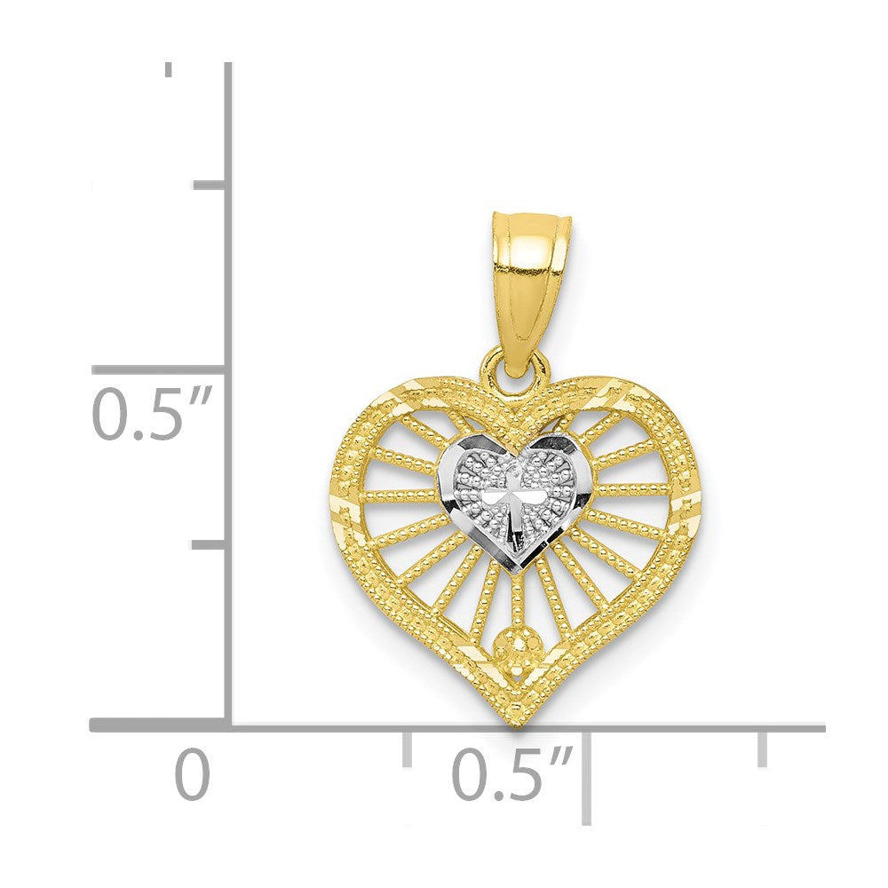 10K W/Rhodium Heart W/Cross Charm