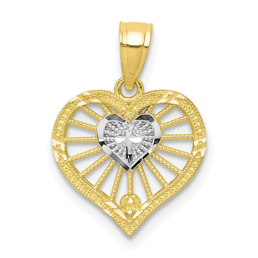 10K W/Rhodium Heart W/Cross Charm
