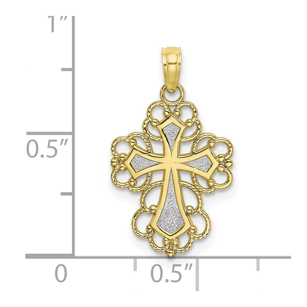 10K W/ Rhodium Beaded Lace Trim Cross Charm