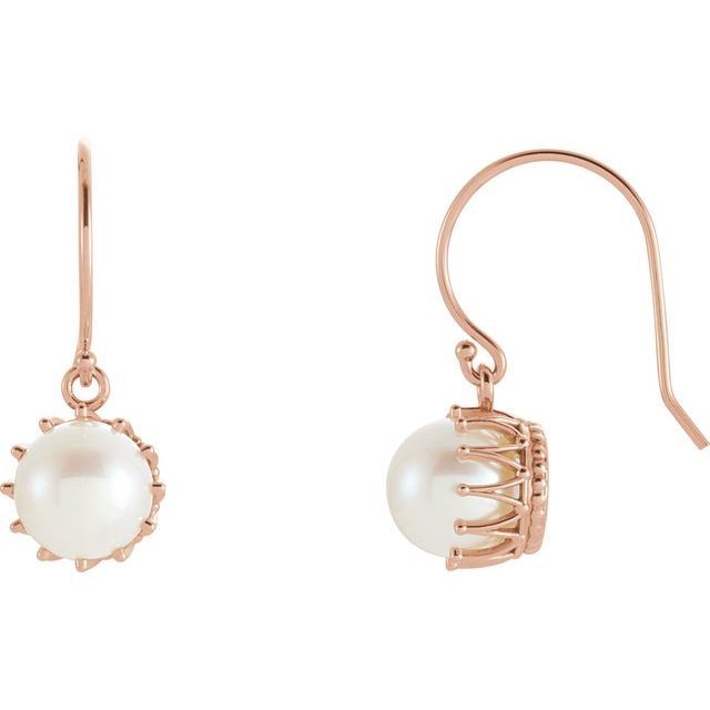 14K Rose Gold Cultured Freshwater White Gold Pearl Crown Earrings