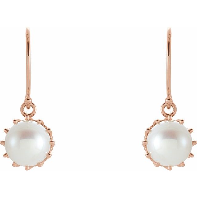 14K Rose Gold Cultured Freshwater White Gold Pearl Crown Earrings