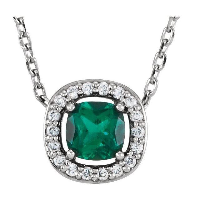 14K White Lab-Created Emerald & .04 CTW Diamond 16" Necklace