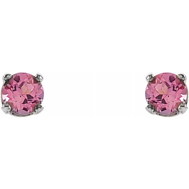 Sterling Silver 3 mm Round Imitation Pink Tourmaline Youth Birthstone Earrings 2