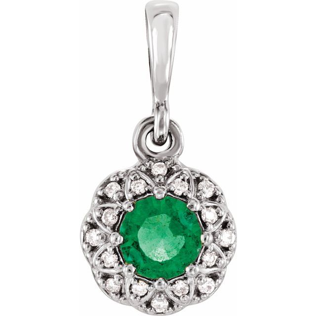 14K White Emerald & .04 CTW Diamond Halo-Style Pendant 1