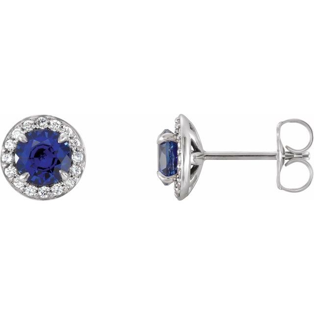 14K White 5 mm Round Lab-Created Blue Sapphire & 1/8 CTW Diamond Earrings