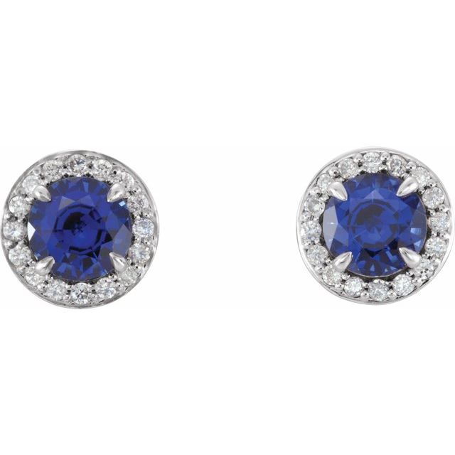 14K White 5 mm Round Lab-Created Blue Sapphire & 1/8 CTW Diamond Earrings