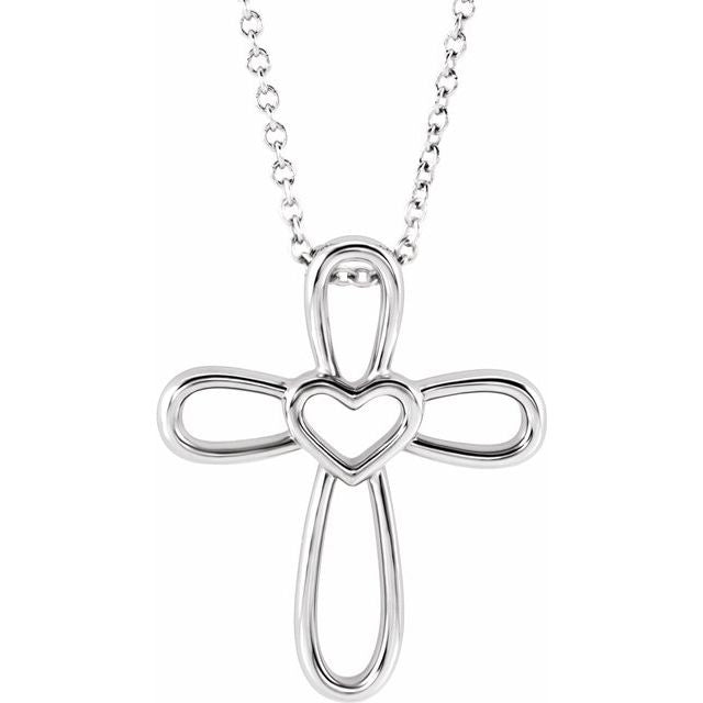 14K White Cross with Heart 16-18" Necklace 1