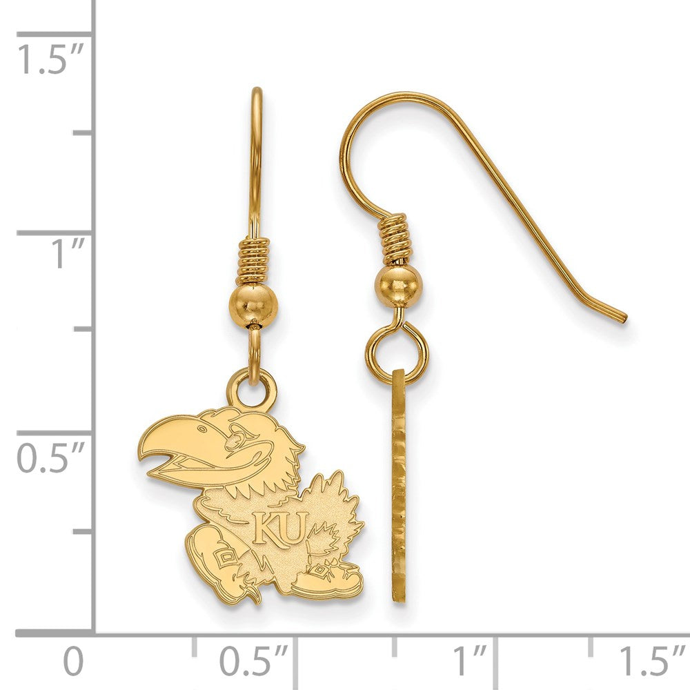 Sterling Silver Gold-plated LogoArt University of Kansas Jayhawk Small Dangle Wire Earrings