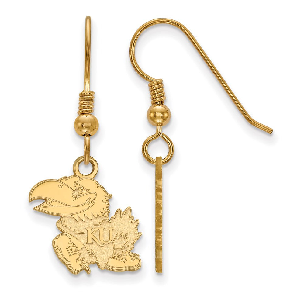 Sterling Silver Gold-plated LogoArt University of Kansas Jayhawk Small Dangle Wire Earrings