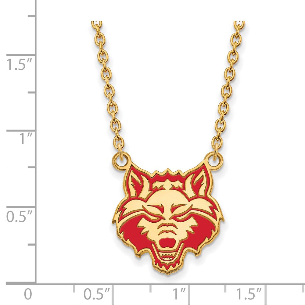 Sterling Silver Gold-plated LogoArt Arkansas State University Wolf Enameled Large Pendant 18 inch Necklace