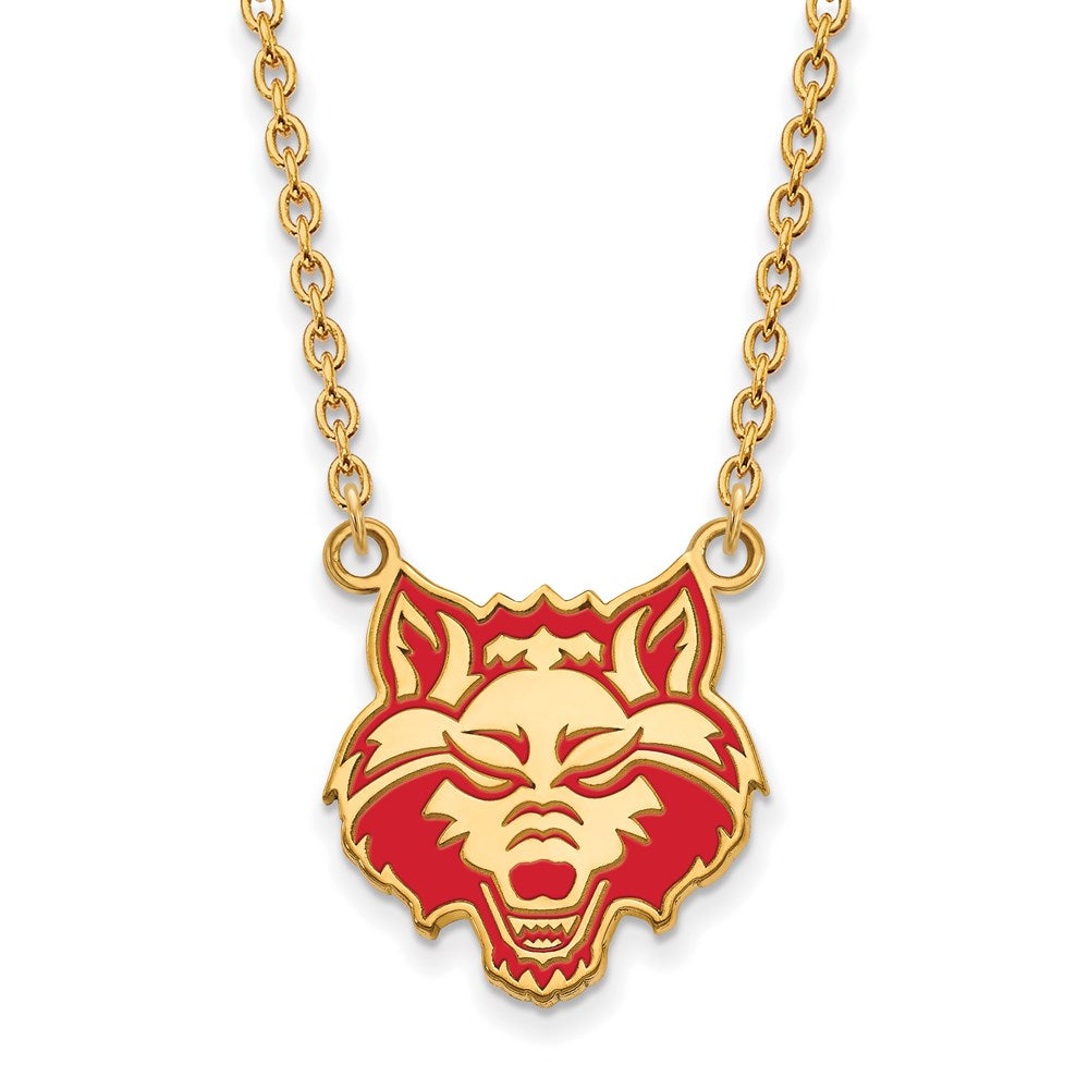 Sterling Silver Gold-plated LogoArt Arkansas State University Wolf Enameled Large Pendant 18 inch Necklace