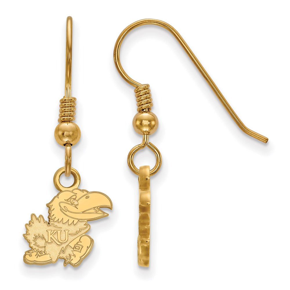 Sterling Silver Gold-plated LogoArt University of Kansas Jayhawk Extra Small Dangle Wire Earrings