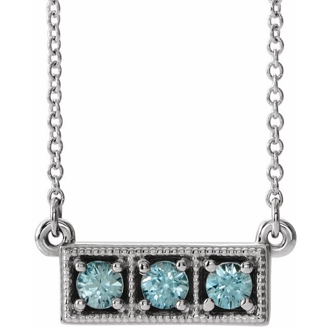 14K White Blue Zircon Three-Stone Granulated Bar 16-18" Necklace 1