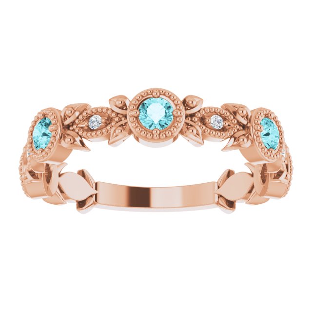 14K Rose Natural Blue Zircon & .03 CTW Natural Diamond Leaf Ring