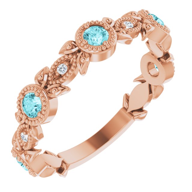 14K Rose Natural Blue Zircon & .03 CTW Natural Diamond Leaf Ring