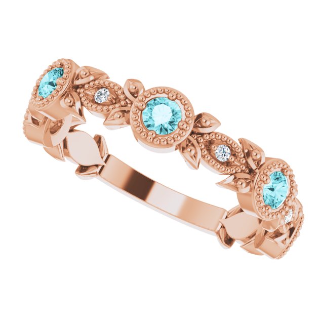 14K Rose Natural Blue Zircon & .03 CTW Natural Diamond Leaf Ring