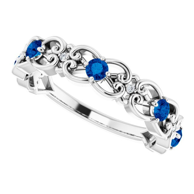 14K White Lab-Grown Blue Sapphire & .02 CTW Natural Diamond Scroll Ring