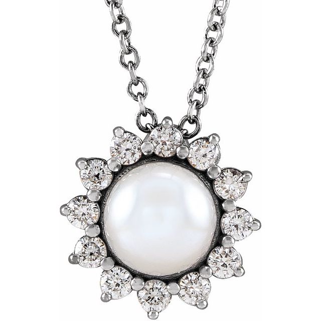 14K White Gold Cultured White Gold Akoya Pearl & 1/6 CTW Natural Diamond Halo-Style 16-18" Necklace
