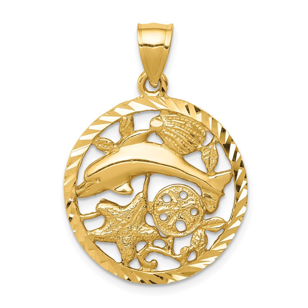 14K Diamond-cut Dolphin and Shells Circle Pendant 1