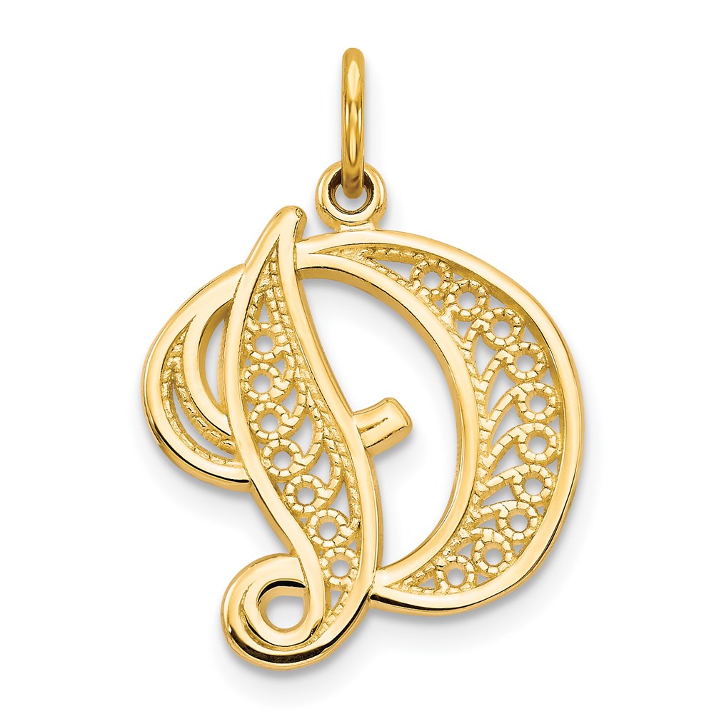 14KY Polished Script Filigree Letter D Initial Pendant