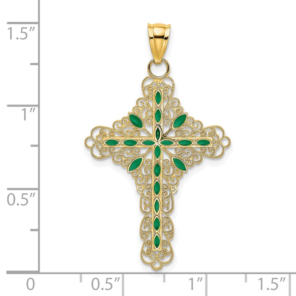14K Green Enamel Filigree Cross Charm