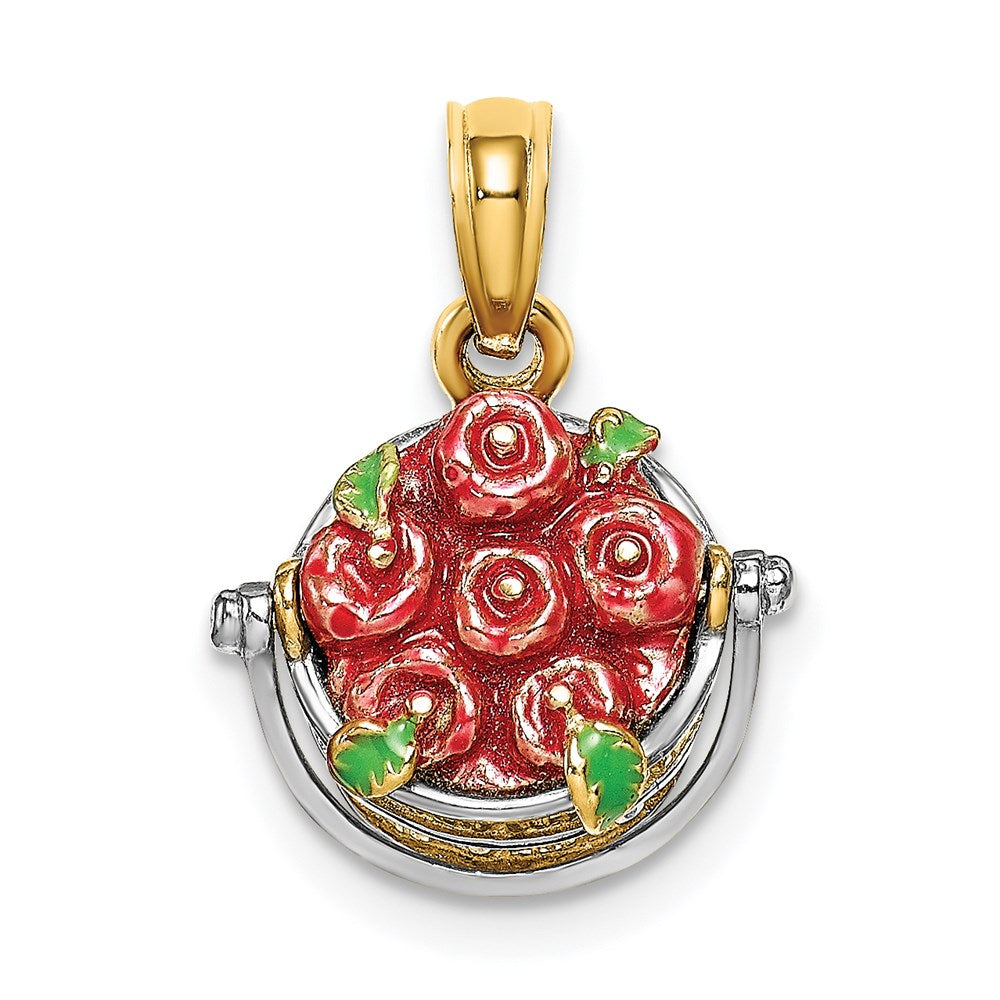 14K w/ White Rhodium 3-D Enamel Apple Basket