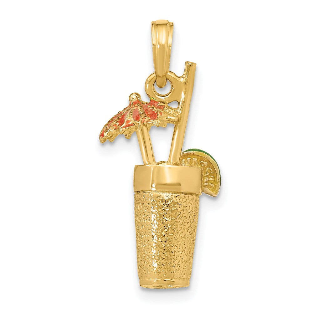 14K 3-D Cocktail Drink w/Orange Enamel Umbrella and Lime Charm