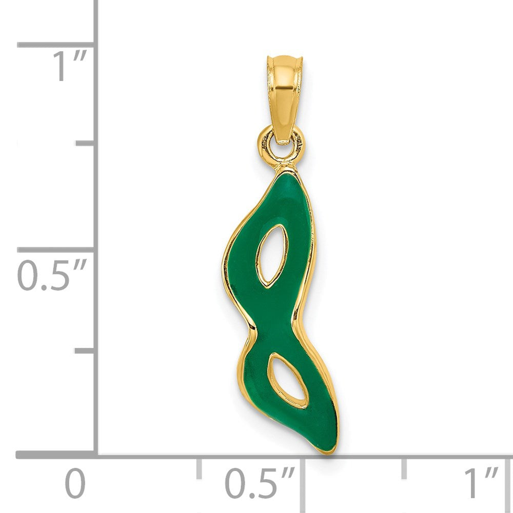 14K 3-D and Beveled W/Green Enamel Masquerade Mask Pendant