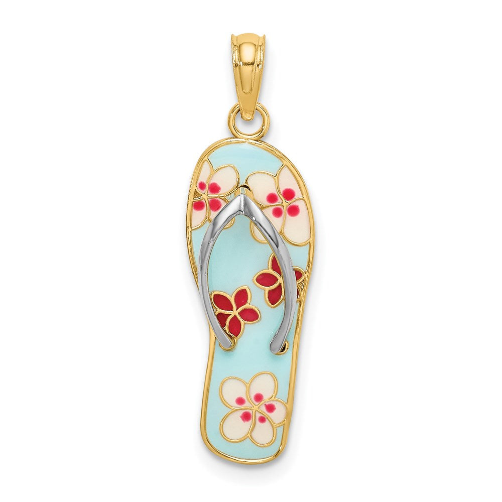14K 3D Enamel Fuschia and White Flowers On Aqua Flip-Flop Charm