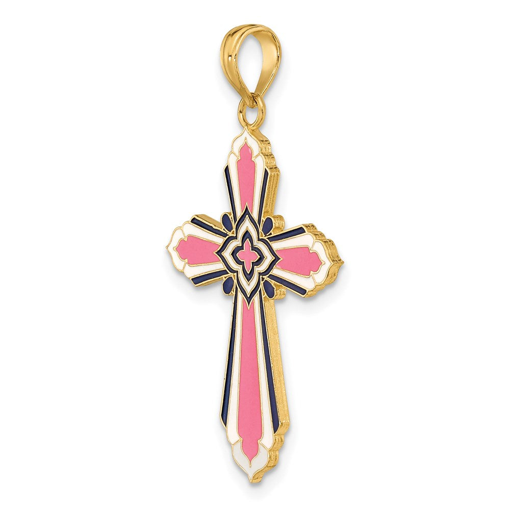 14K 3-D W/ Pink and White Enamel Cross Charm