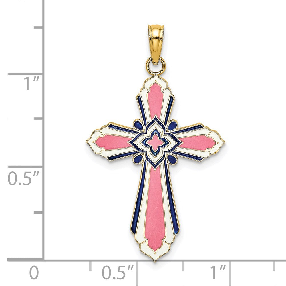 14K 3-D W/ Pink and White Enamel Cross Charm