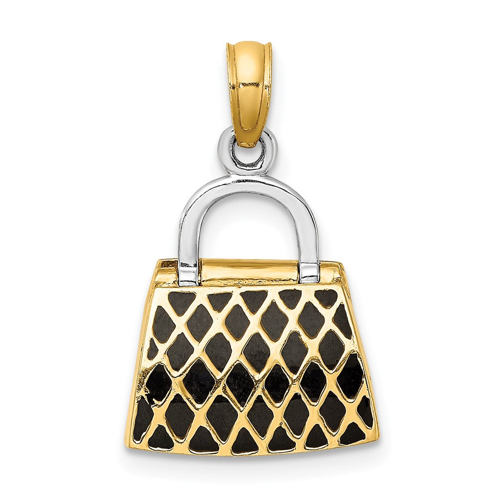 14K & Rhodium 3-D w/Black and White Enamel Opens Handbag Charm