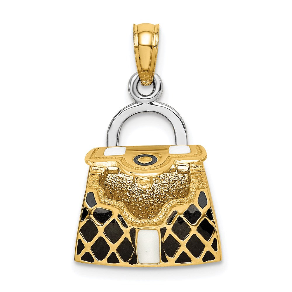 14K & Rhodium 3-D w/Black and White Enamel Opens Handbag Charm