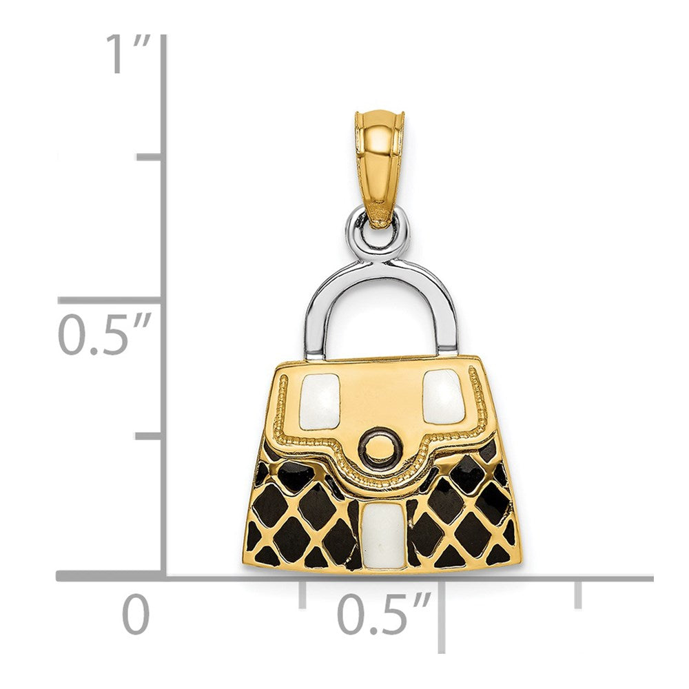 14K & Rhodium 3-D w/Black and White Enamel Opens Handbag Charm