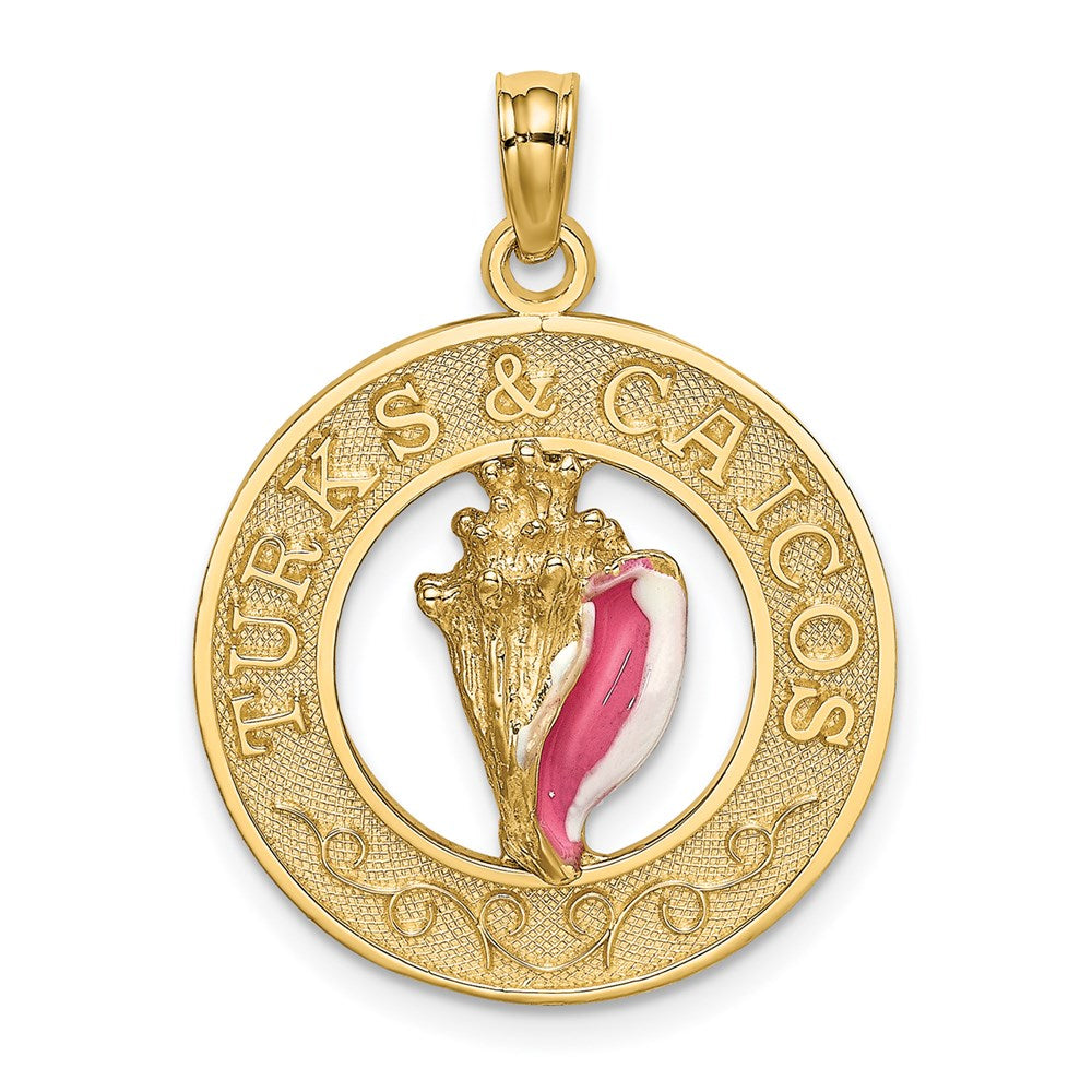 14K Enameled TURKS AND CAICOS w/Conch Shell Circle Charm