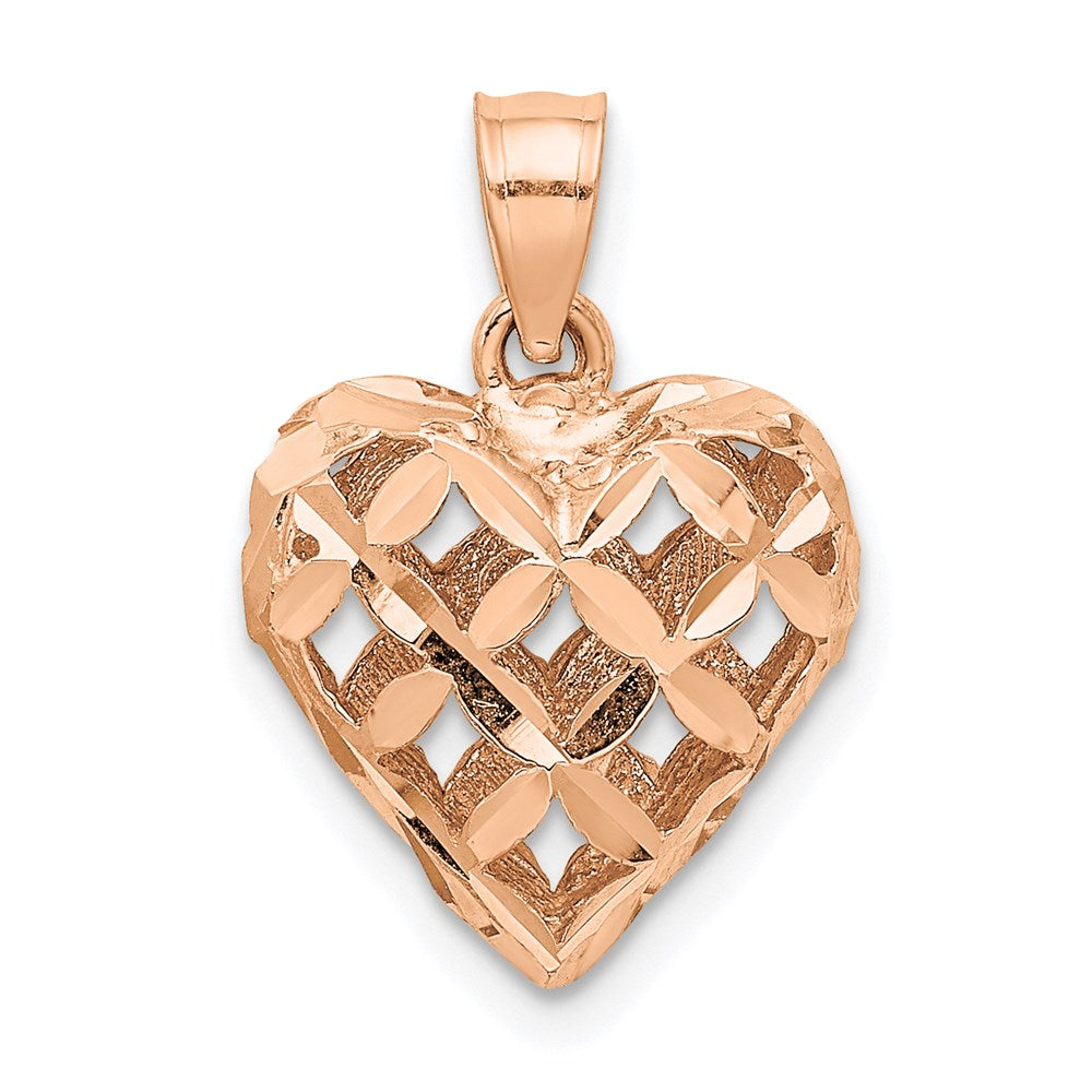14K Rose Polished 3-D Diamond-cut Puffed Heart Charm