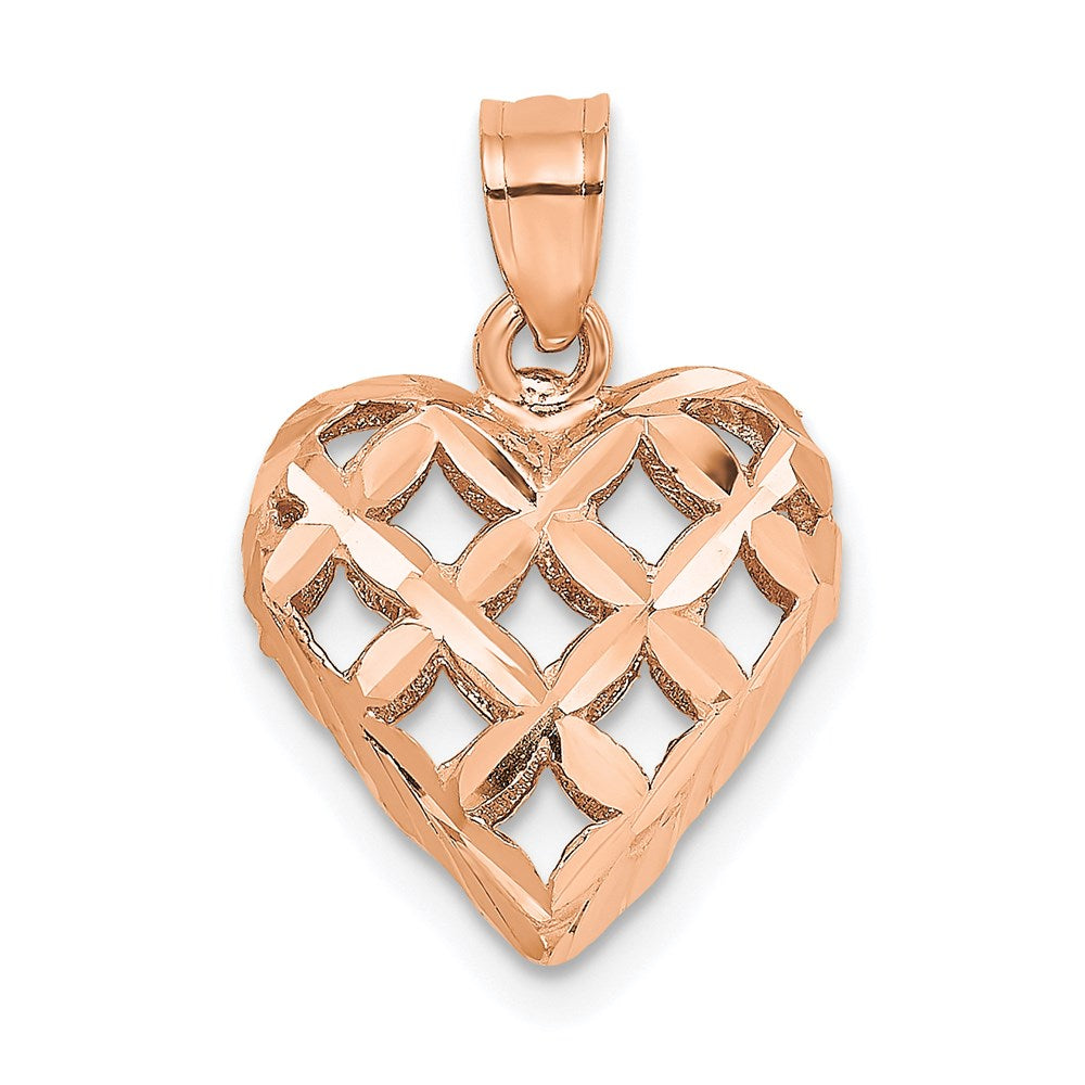 14K Rose Polished 3-D Diamond-cut Puffed Heart Charm