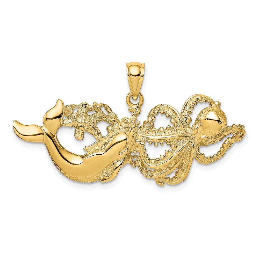 14K Polished and Textured Dolphin and Octopus Pendant 1