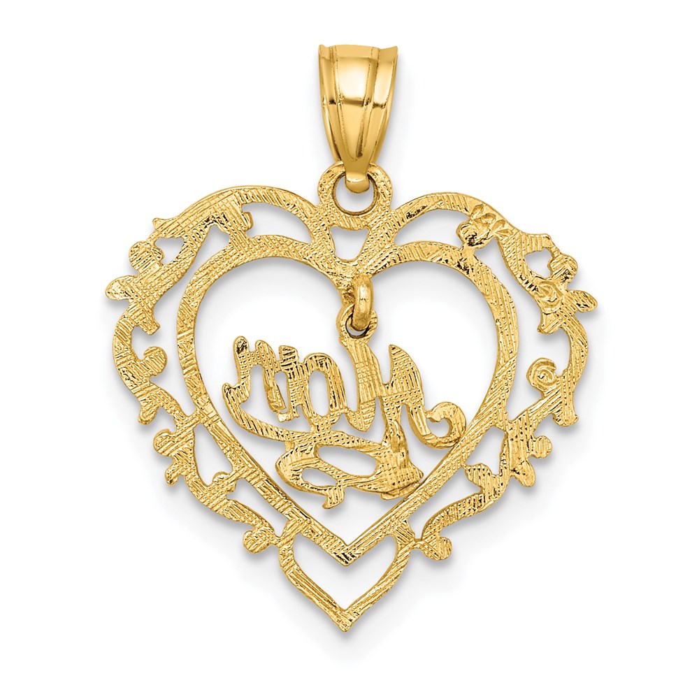 14K Polished MOM Dangle in Fancy Heart Pendant
