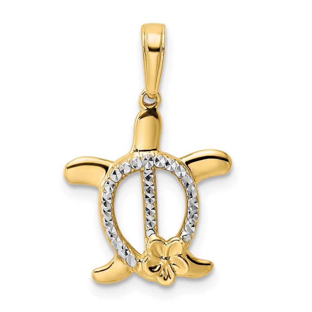 14k and White Rhodium Diamond-cut Turtle w/ Flower Pendant 1