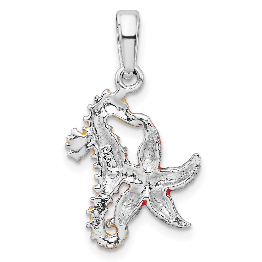 Sterling Silver Polished Enameled Starfish and Seahorse Pendant