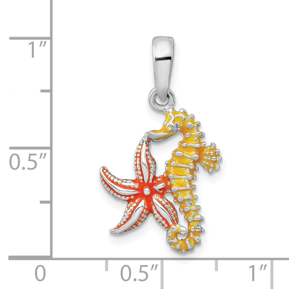 Sterling Silver Polished Enameled Starfish and Seahorse Pendant
