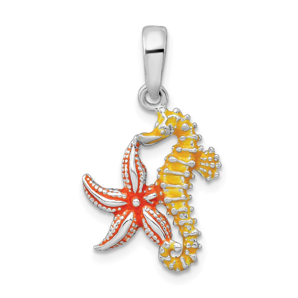 Sterling Silver Polished Enameled Starfish and Seahorse Pendant