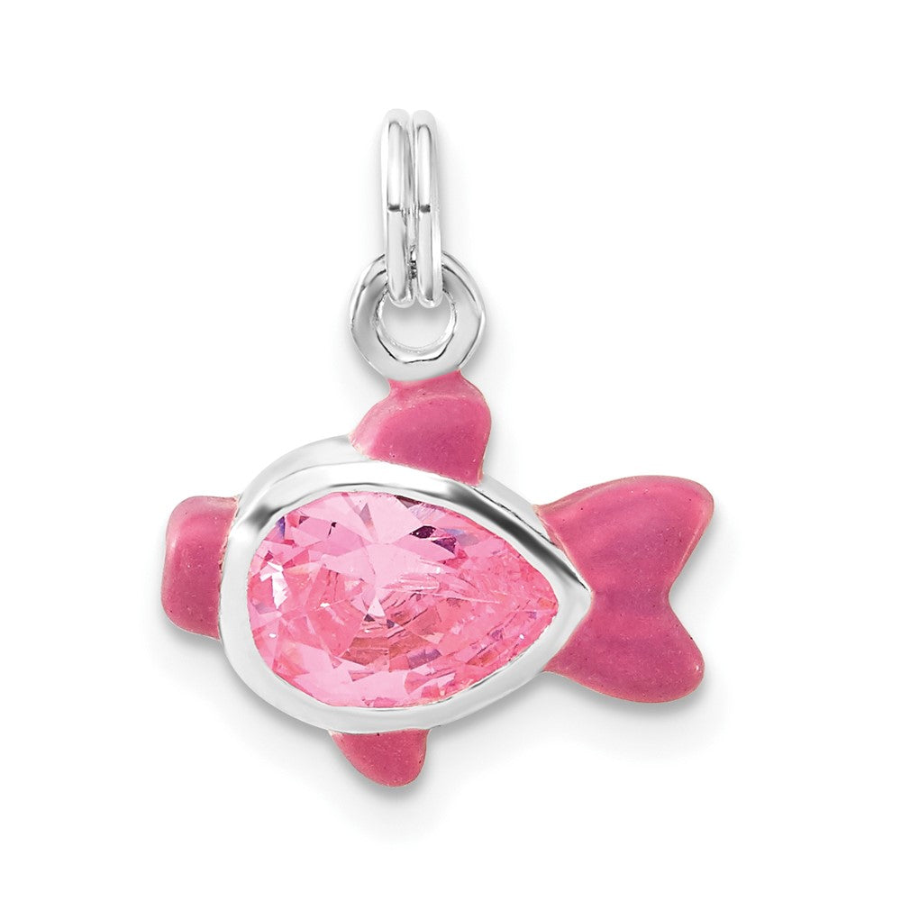 Sterling Silver CZ Pink Enameled Polished Fish Charm
