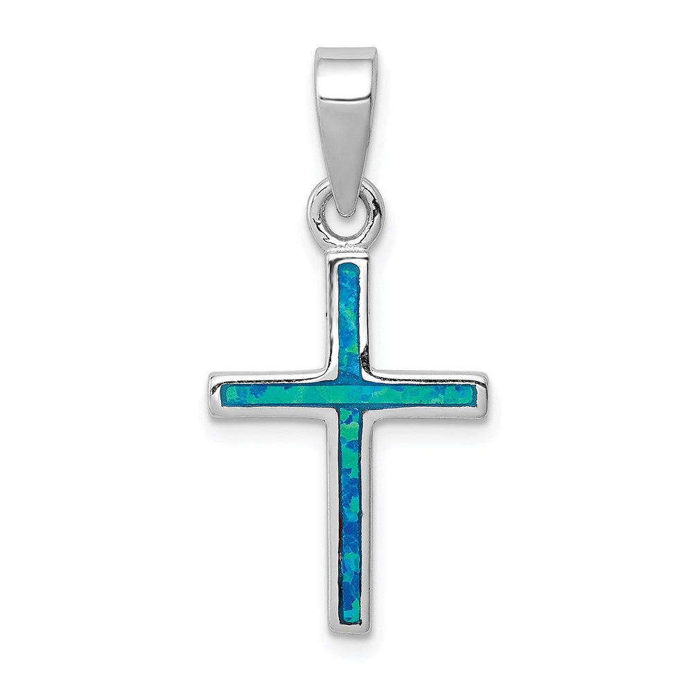 Sterling Silver Blue Inlay Created Opal Thin Cross Pendant