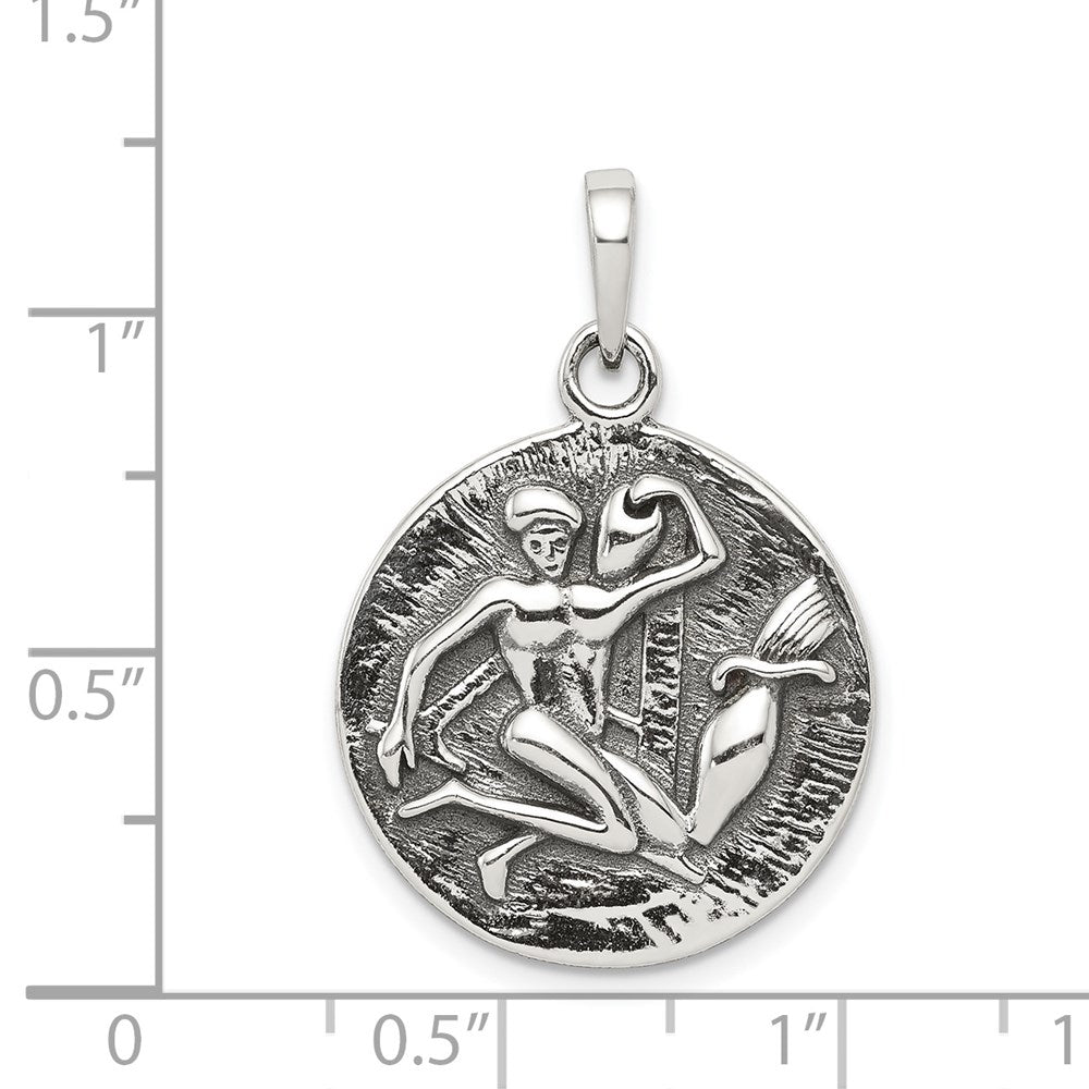 Sterling Silver Polished Antique Finish Aquarius Horoscope Pendant
