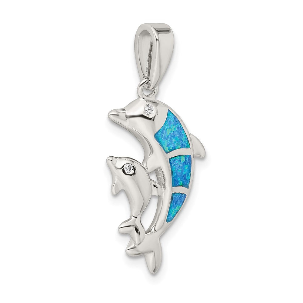 Sterling Silver Blue Inlay Created Opal Dolphin Pendant
