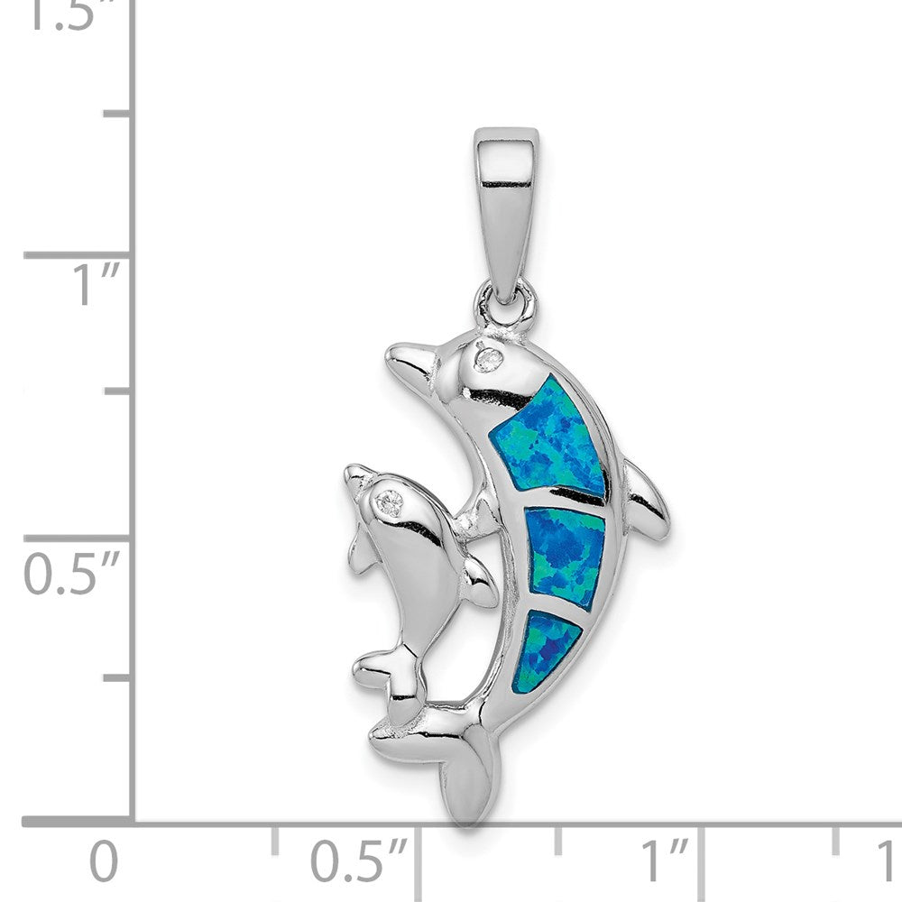 Sterling Silver Blue Inlay Created Opal Dolphin Pendant