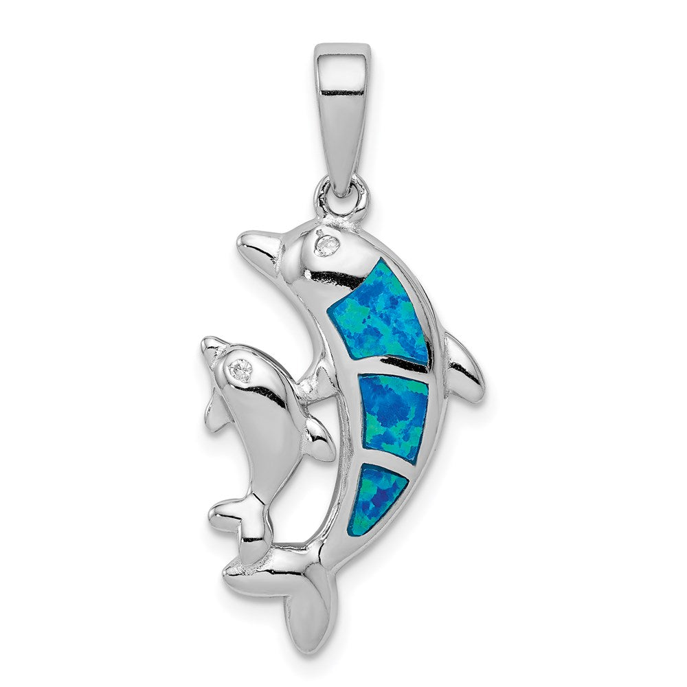 Sterling Silver Blue Inlay Created Opal Dolphin Pendant