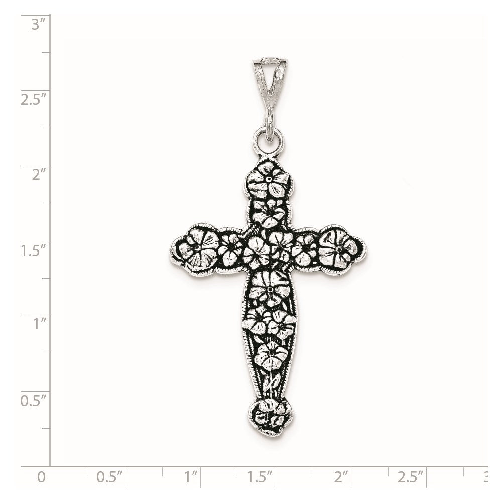 Sterling Silver Antiqued & Textured Large Floral Cross Pendant